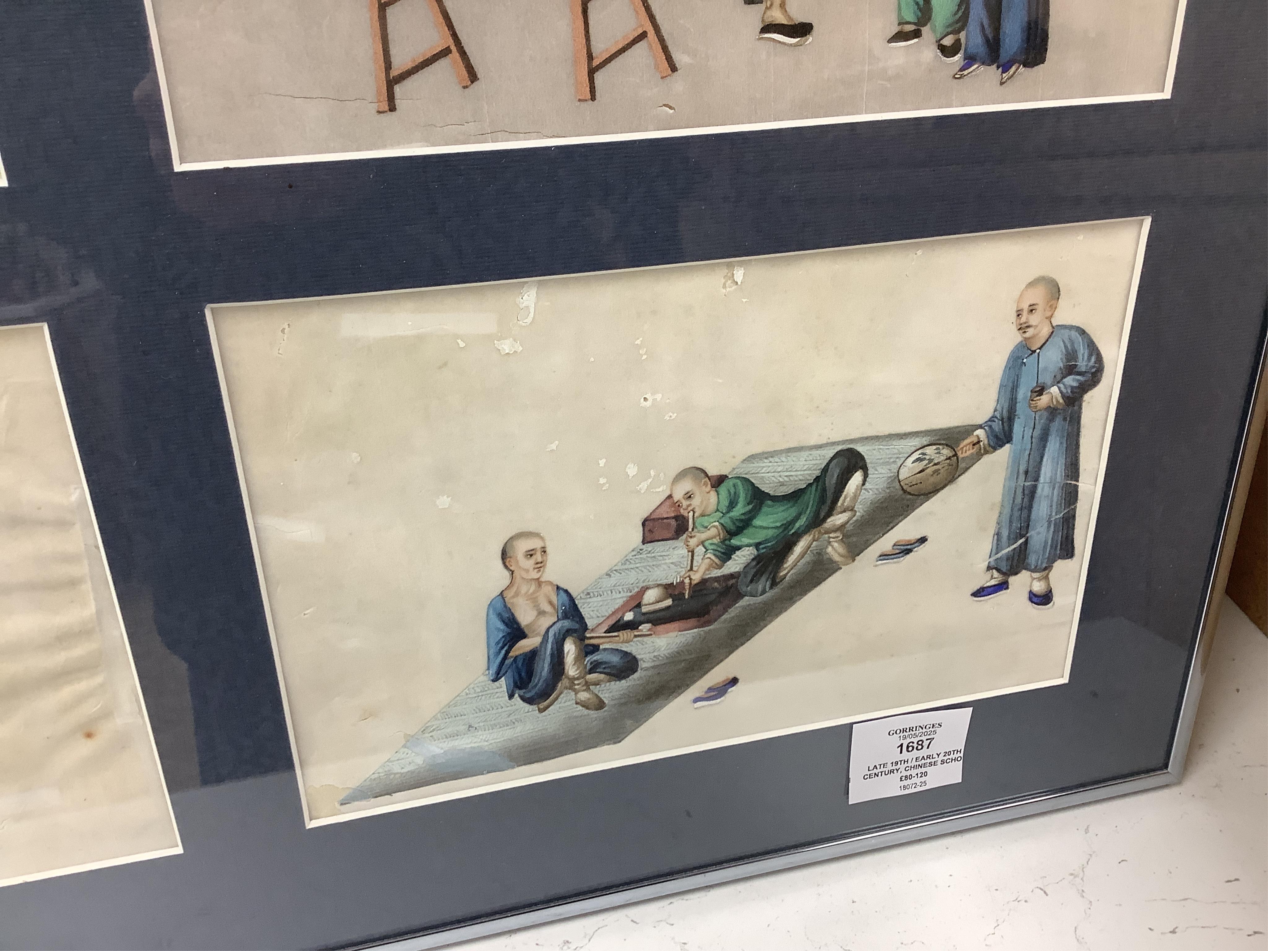 Late 19th / early 20th century, Chinese School, set of six pith paper paintings, Interior scenes with figures, each 15 x 24cm, paper in poor condition
